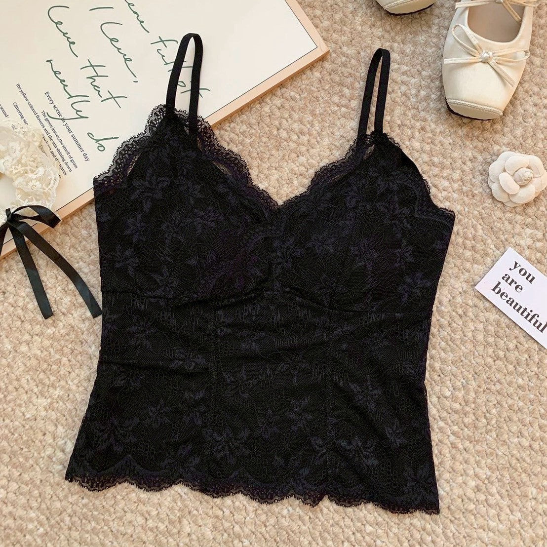 【秋風蕾絲小可愛】吊帶BRATOP 性感黑 M~XL