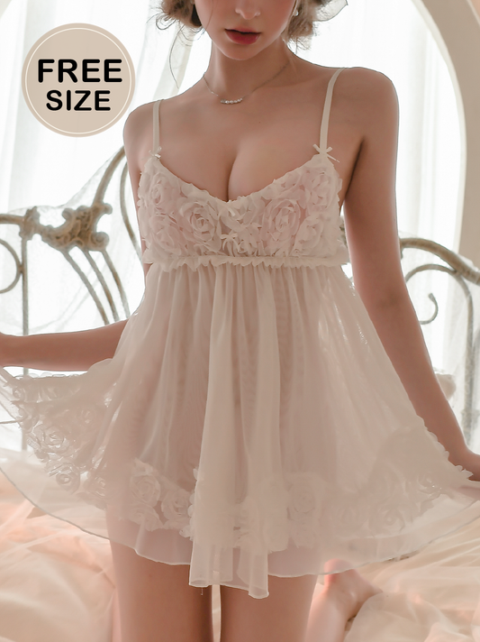 L037 花卉透紗甜美風睡衣 氣質白 FREE SIZE