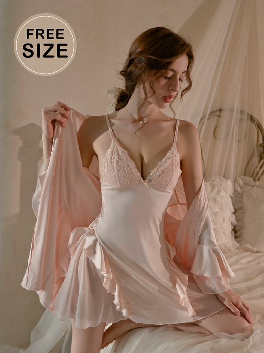 L024 花邊冰絲小露背睡衣 淡粉色 FREE SIZE