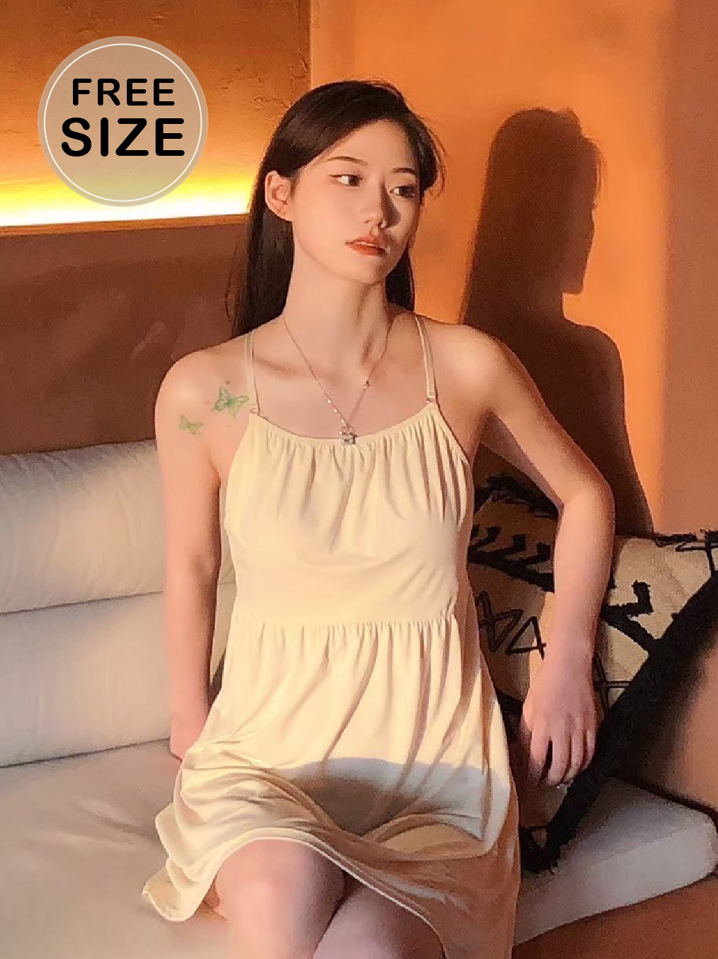 零碼親膚吊帶牛奶絲睡裙 奶黃色 FREE SIZE