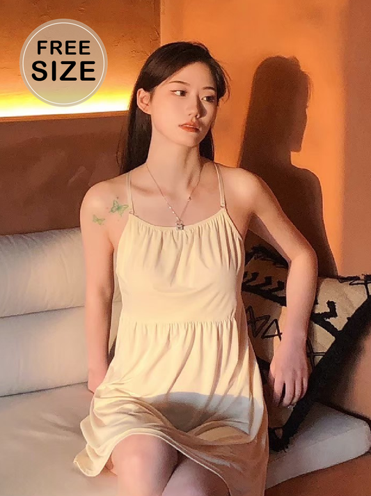 零碼親膚吊帶牛奶絲睡裙 奶黃色 FREE SIZE