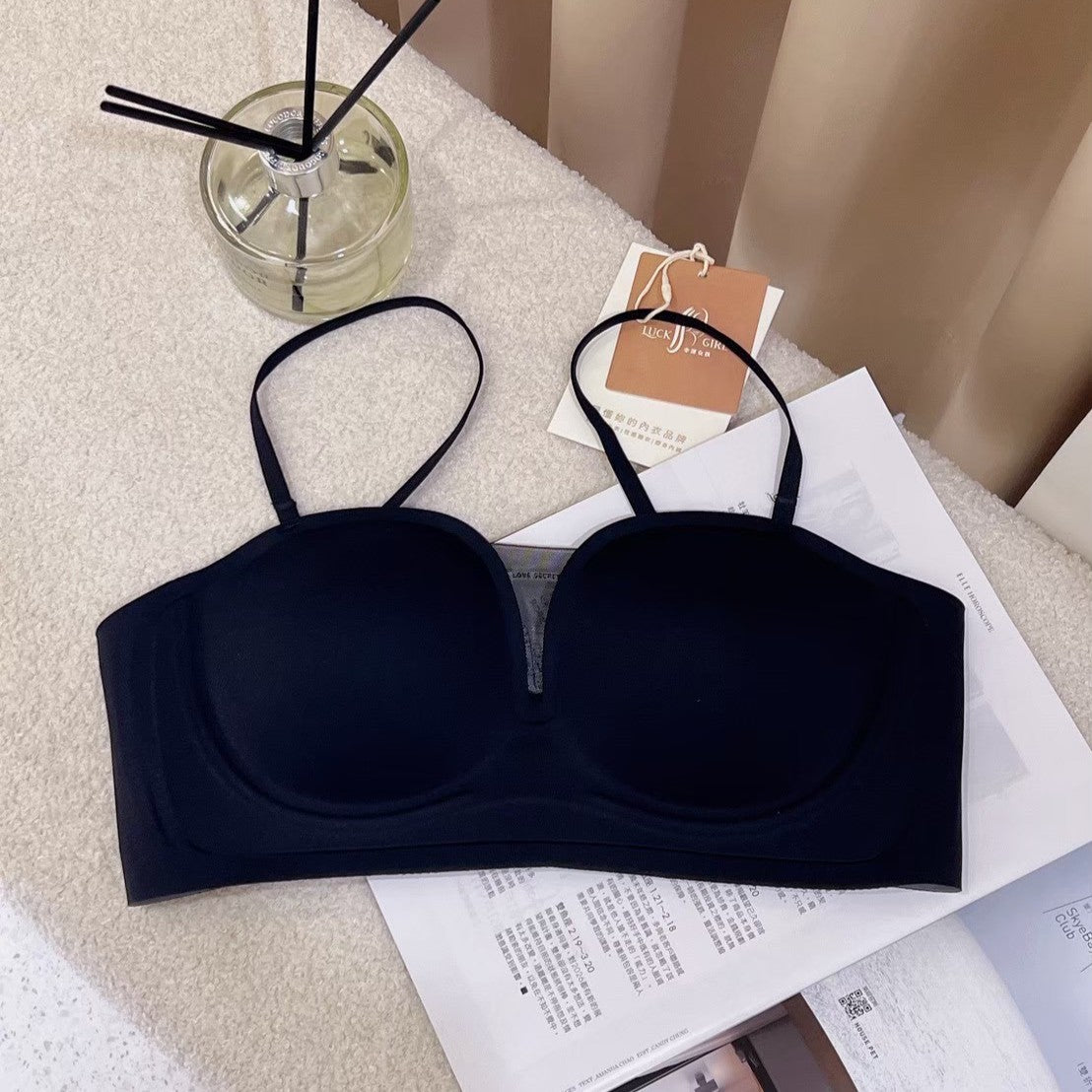 【聚美無肩帶】 無鋼圈平口無痕素面內衣 B~D杯 性感黑