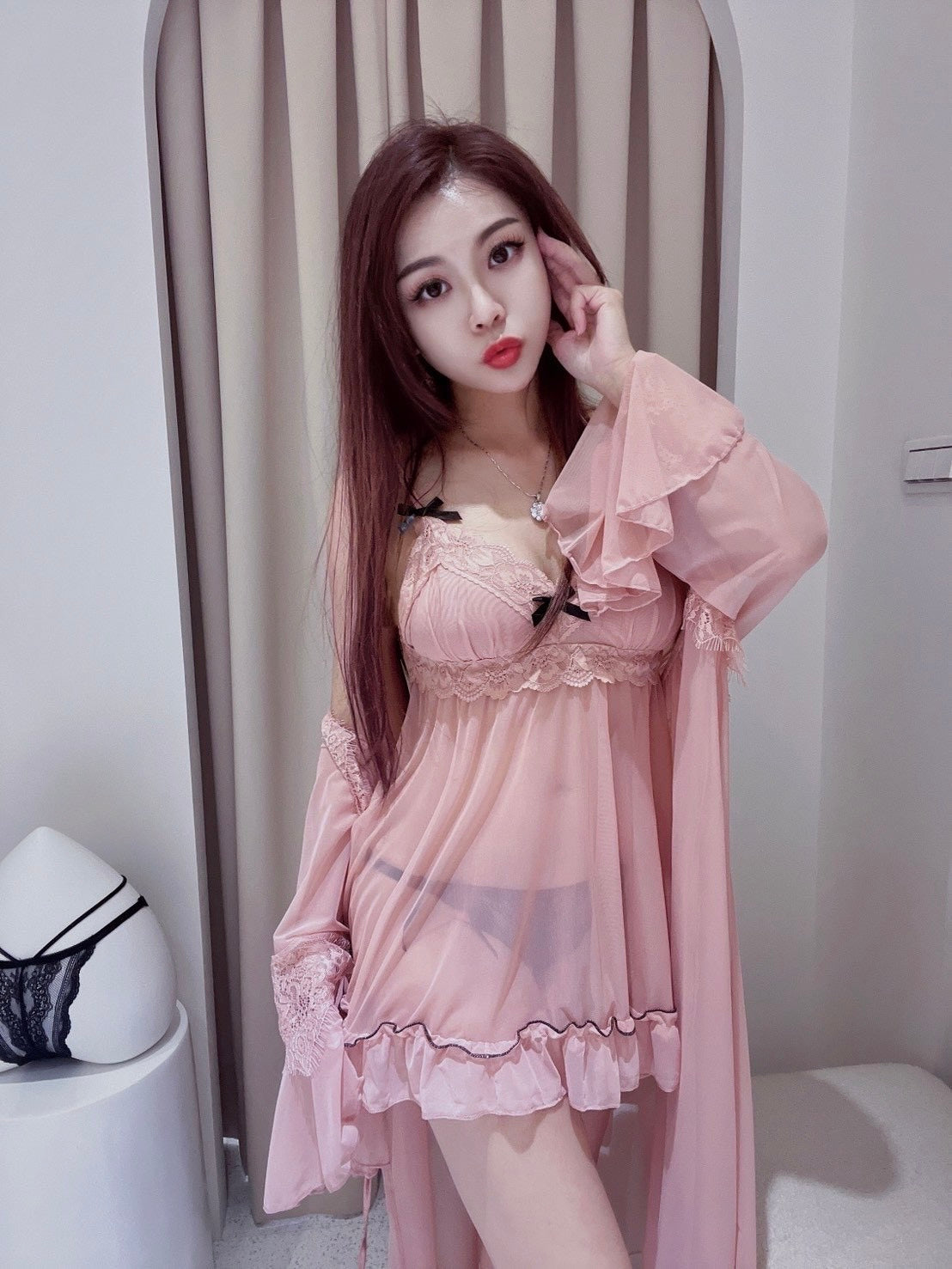 L020 性感網紗甜美風睡衣 豆沙粉 FREE SIZE