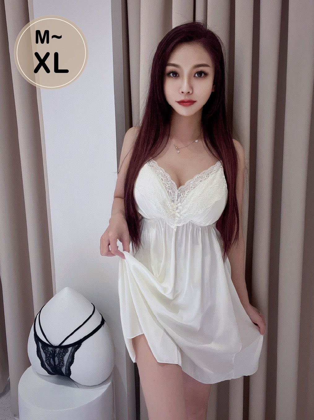L029 法式吊帶小性感睡衣 奶白色 M~XL