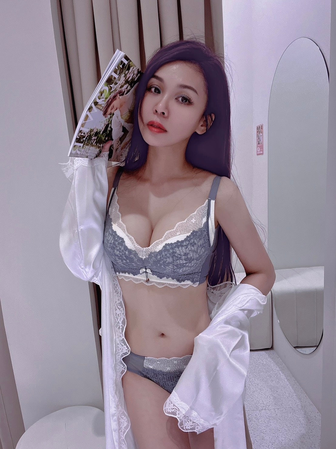 桃趣 跳色蕾絲無鋼圈內衣 深藍色 AB杯